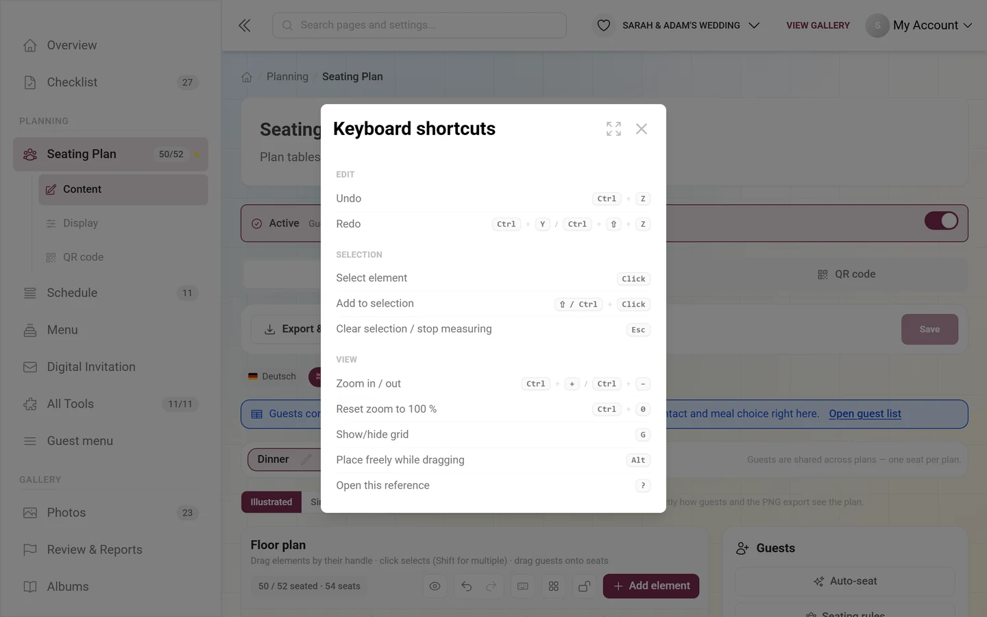 Keyboard shortcuts dialog with the groups Editing, Selection and View