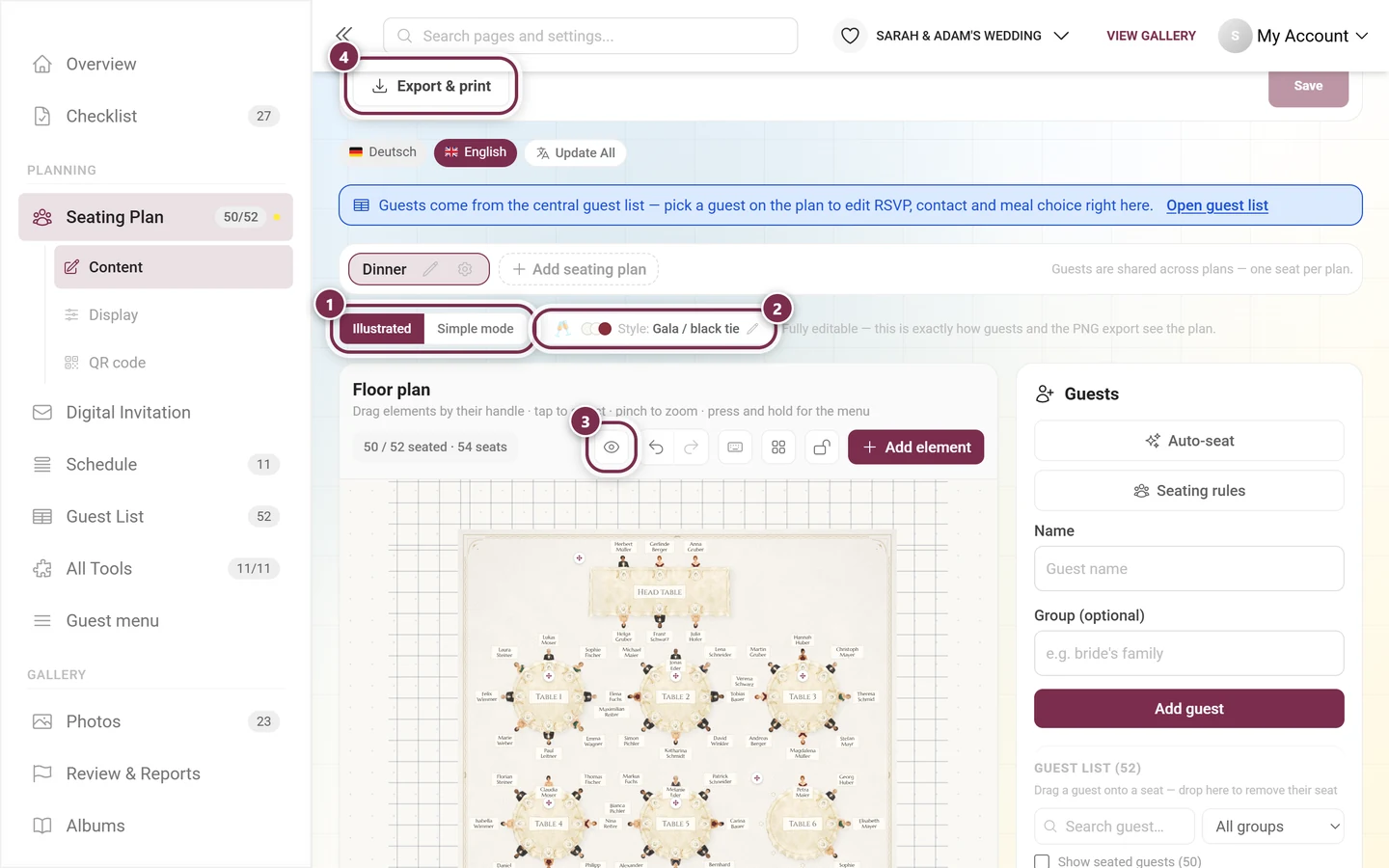 Seating editor with the view switch, style button, eye icon and Export and print button highlighted