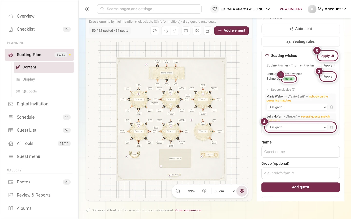 Seating wishes panel with the mutual badge, the Apply and Apply all buttons and the unfolded Not conclusive section