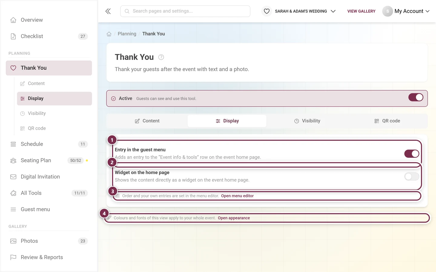 Display tab with the switches for the guest menu and the home-page widget plus two cross links