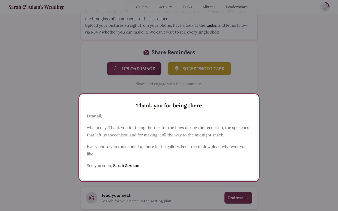 Thank-you note as a widget on the event home page in the guest view