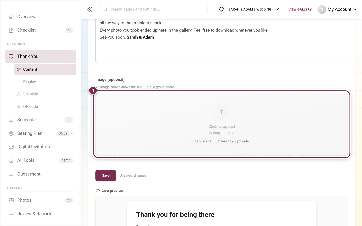 Empty image drop zone of the thank-you note with the Landscape and 1200px recommendations