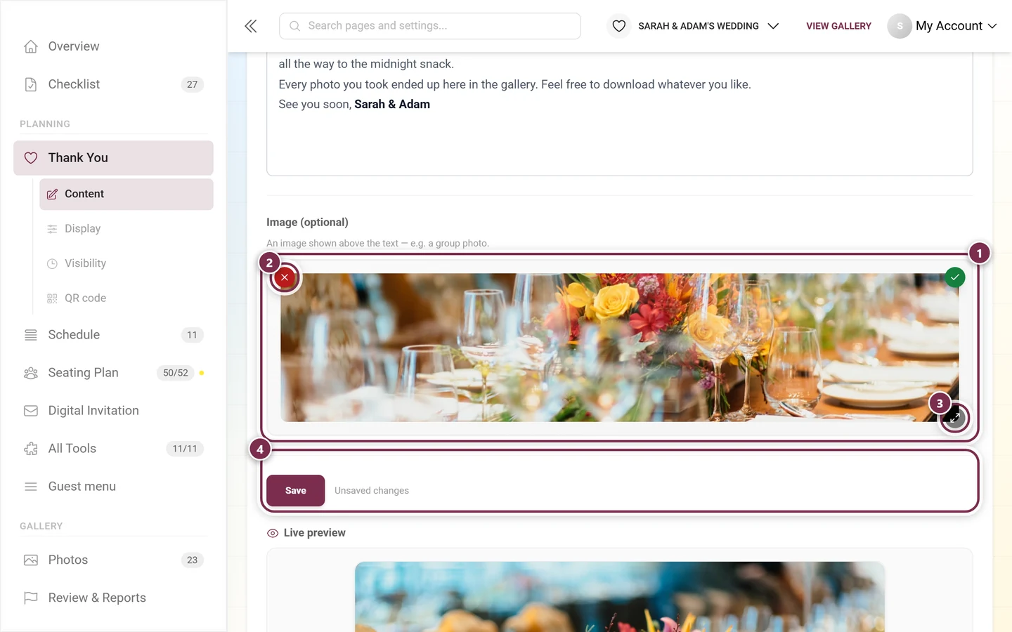 Chosen image with remove cross, green check and full-screen button plus the save row