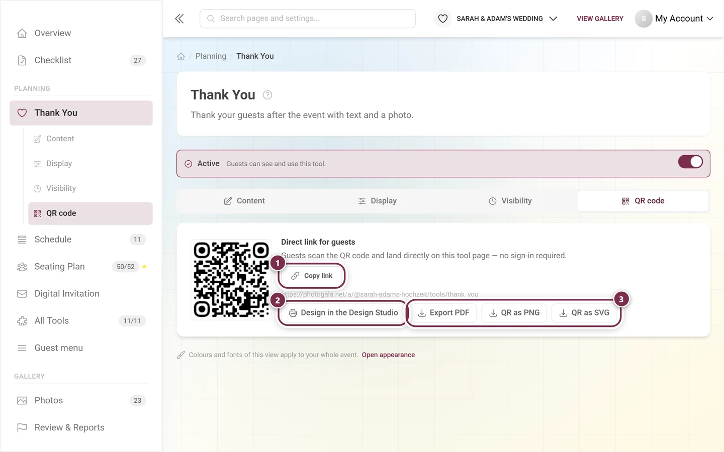 QR code tab with the direct link, the Design Studio button and the three file exports