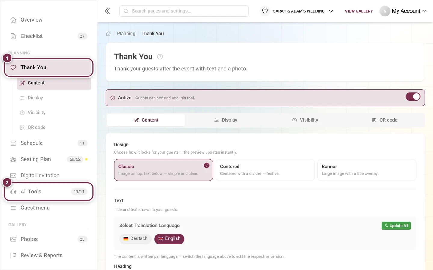 Event administration sidebar with the Thank You entry in the Planning group highlighted