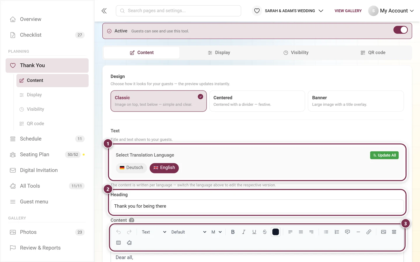 Thank-you text area with language bar, heading and editor toolbar