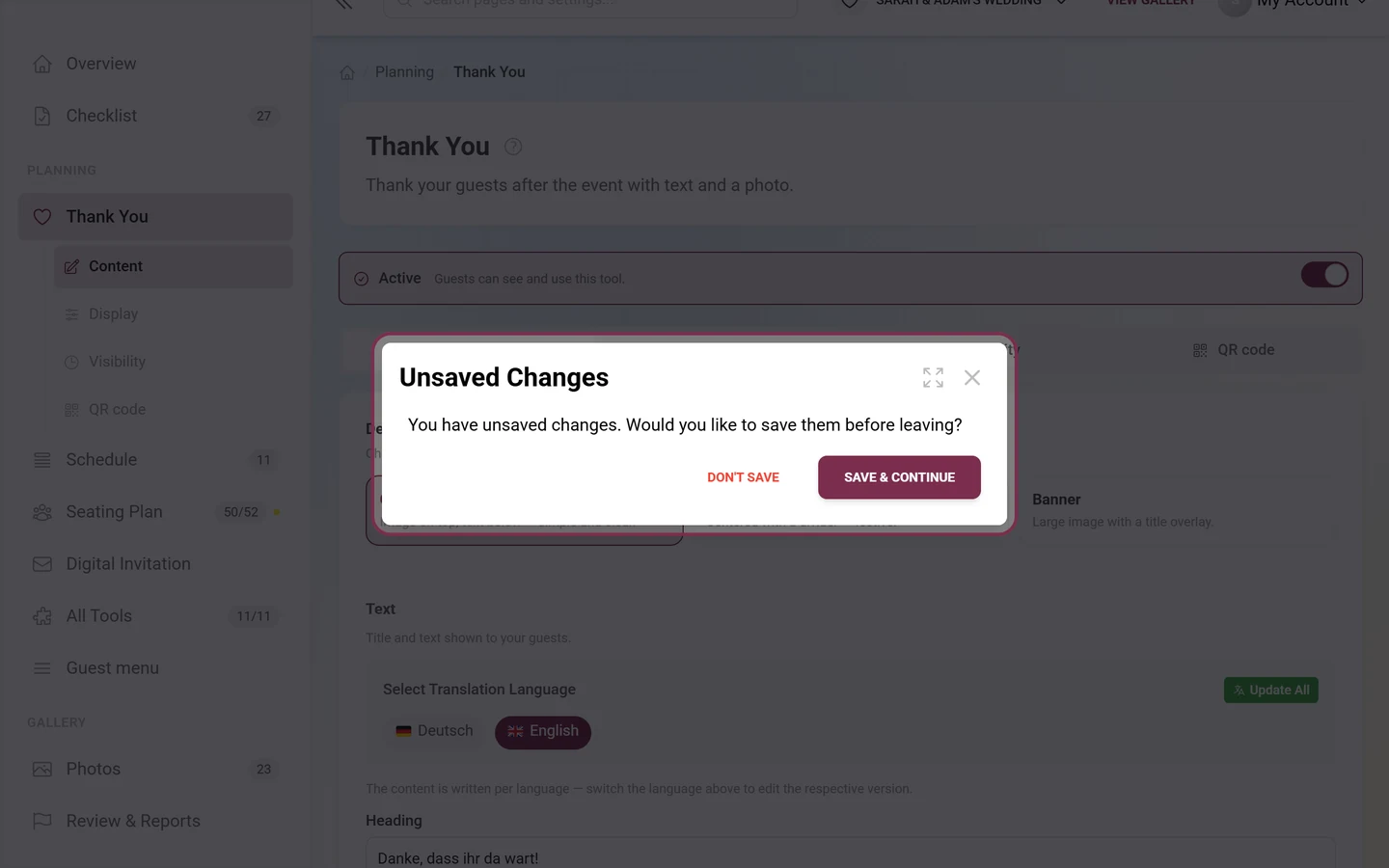 Unsaved Changes dialog with the Don't Save and Save and Continue buttons