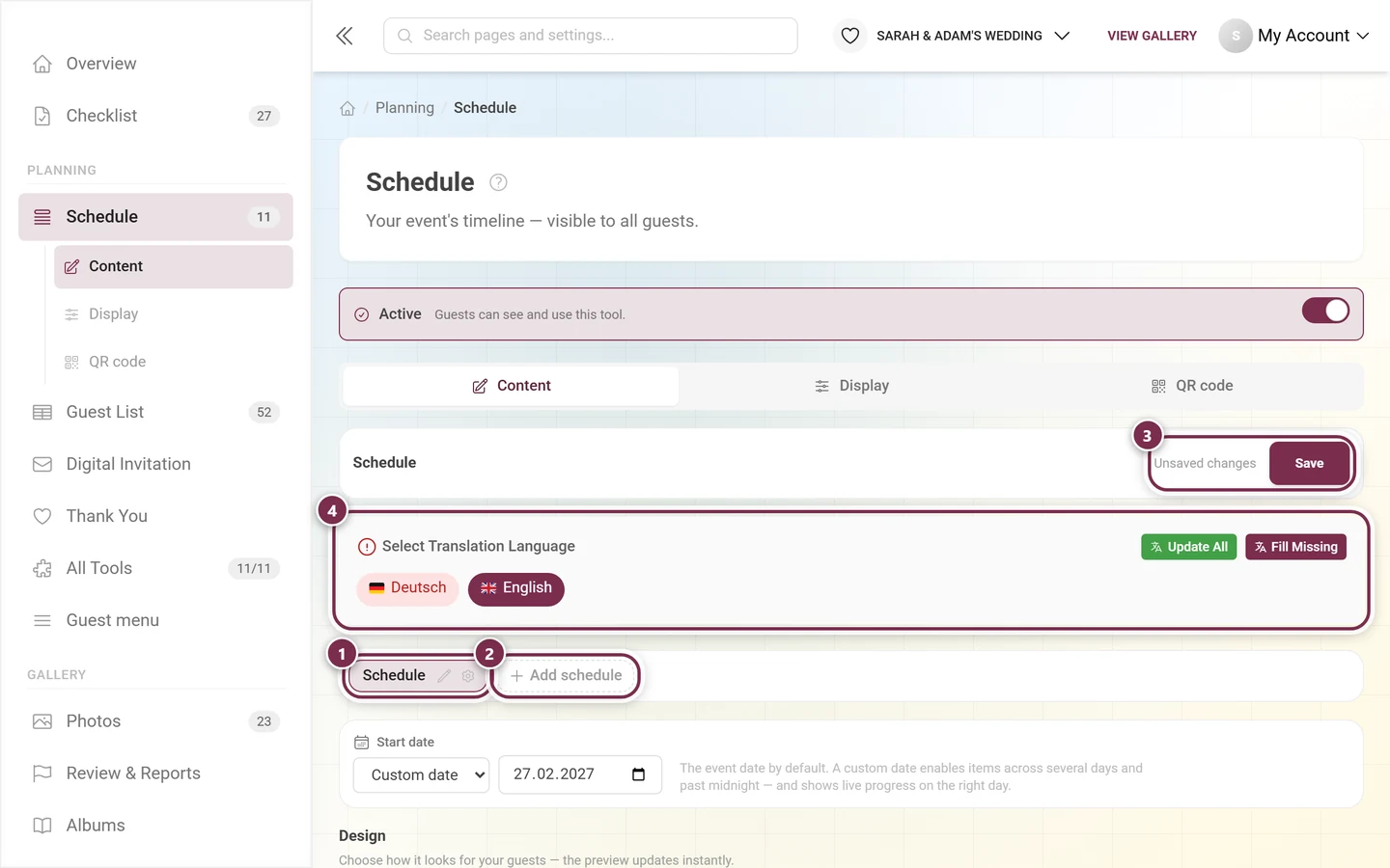 Schedule tool with the tab row, Add schedule, the language bar and Save highlighted