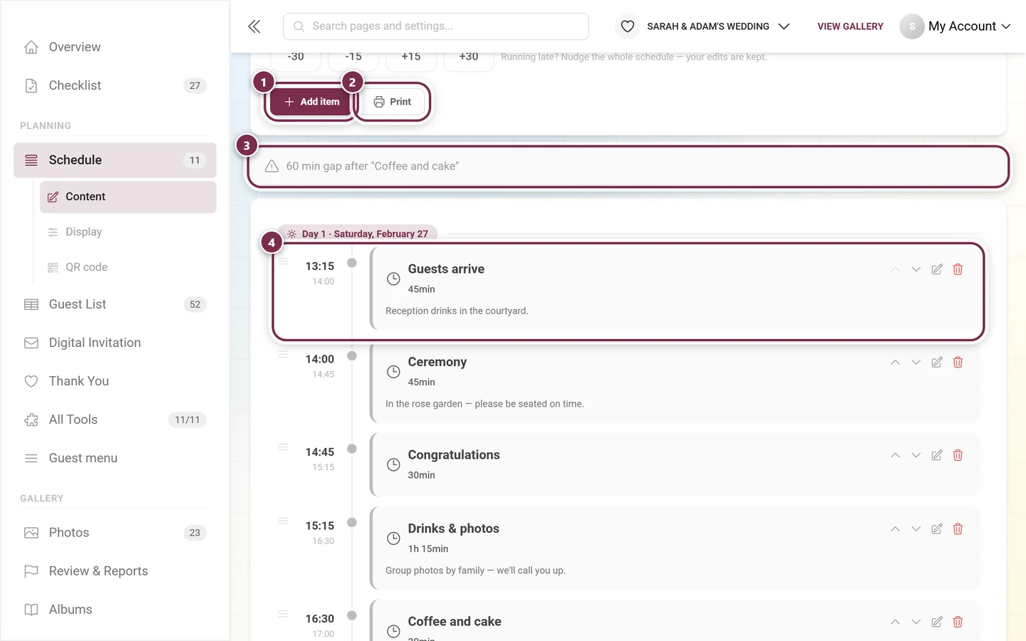 Timeline editor with add item, print, the gap warning and the first item highlighted