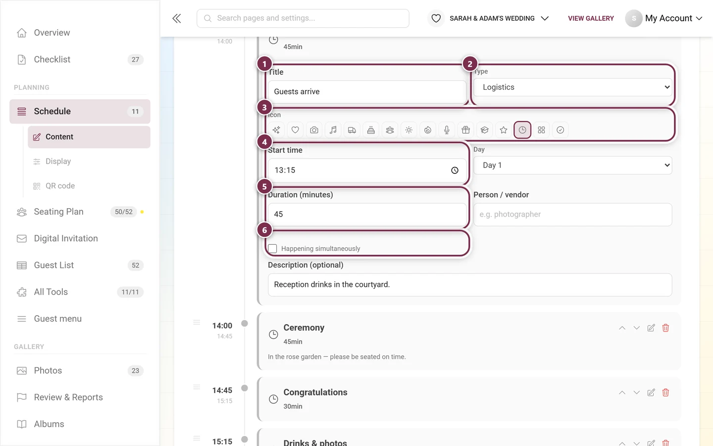 Expanded item with the Title, Type, Icon, Start time, Duration and Happening simultaneously fields highlighted