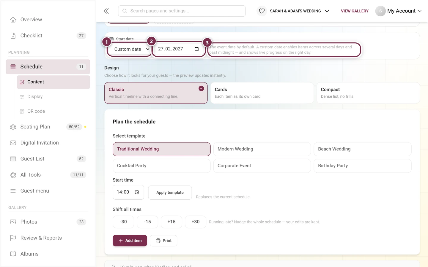 Start date area with the dropdown, the date field and the explanatory text highlighted