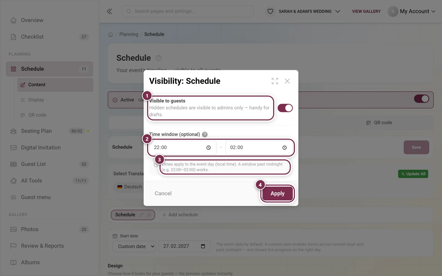 Visibility dialog with the switch, both time fields, the hint and the Apply button highlighted