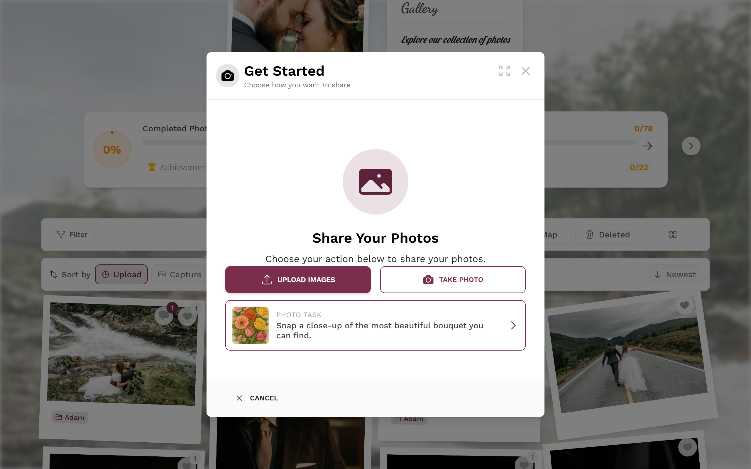 Upload dialog with the sources Upload Images and Take Photo
