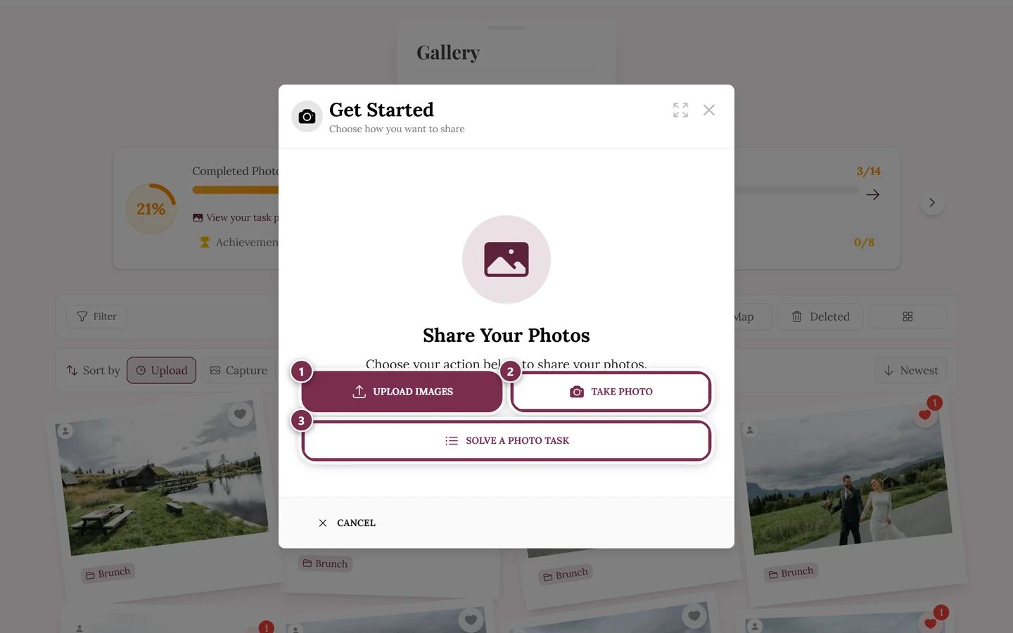 Upload dialog with the sources Upload Images and Take Photo
