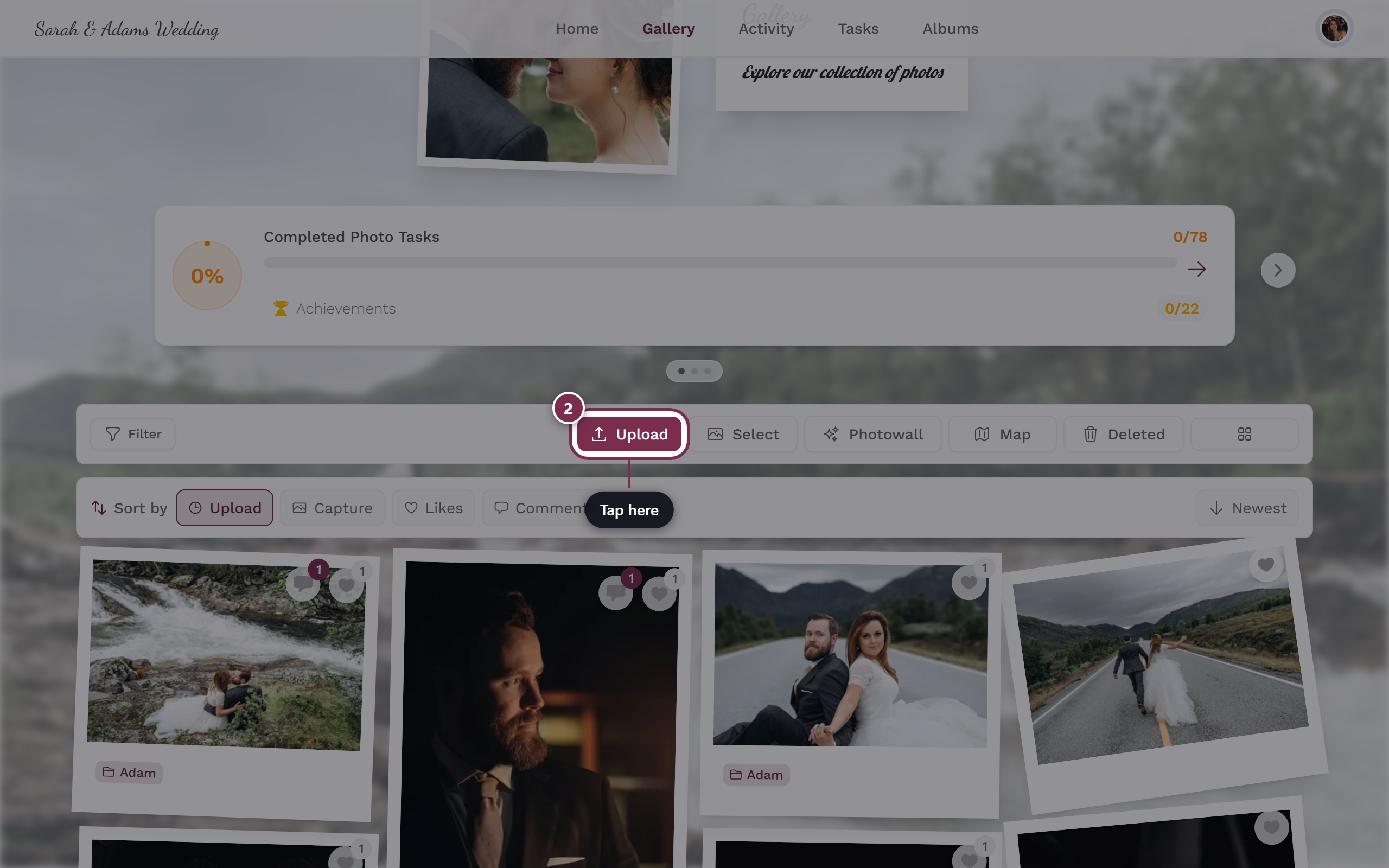 Upload button highlighted in the gallery