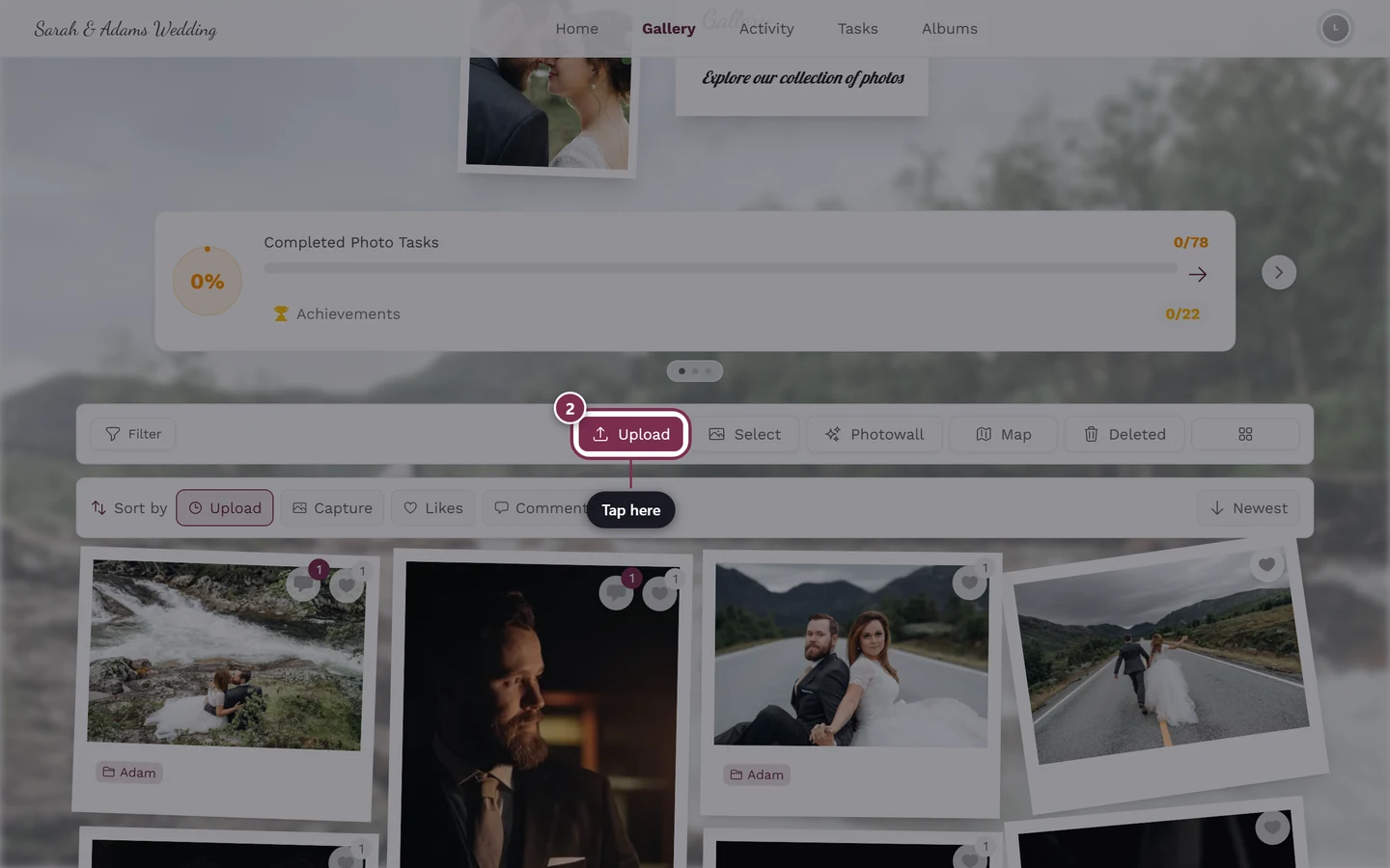 Gallery view with the upload button highlighted