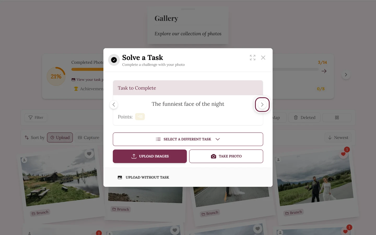 Task card in the upload dialog with the Next task arrow highlighted