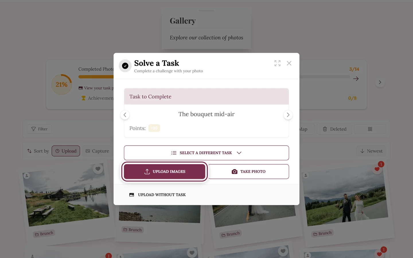 Step 2 of the upload dialog showing the selected task, with the Upload Images button highlighted