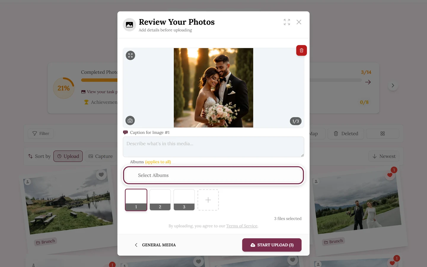 Upload review screen with the Select Albums button highlighted