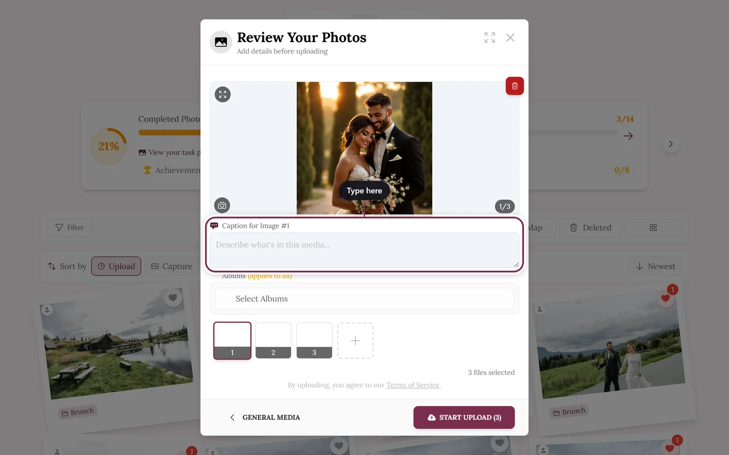 Upload review screen with the caption field highlighted