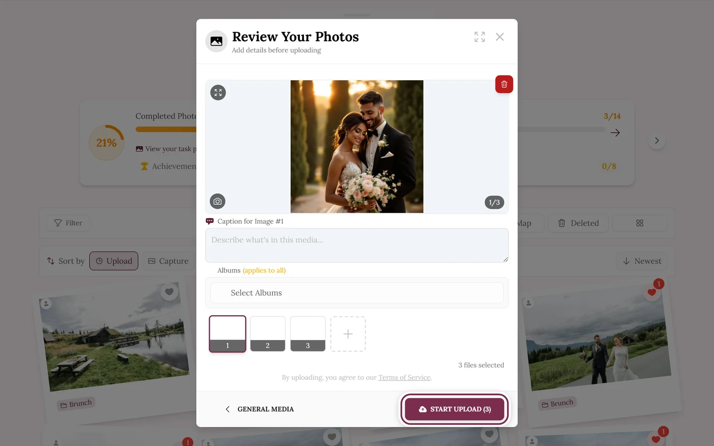 Upload review screen with the large preview, the thumbnail strip and the Start Upload button highlighted