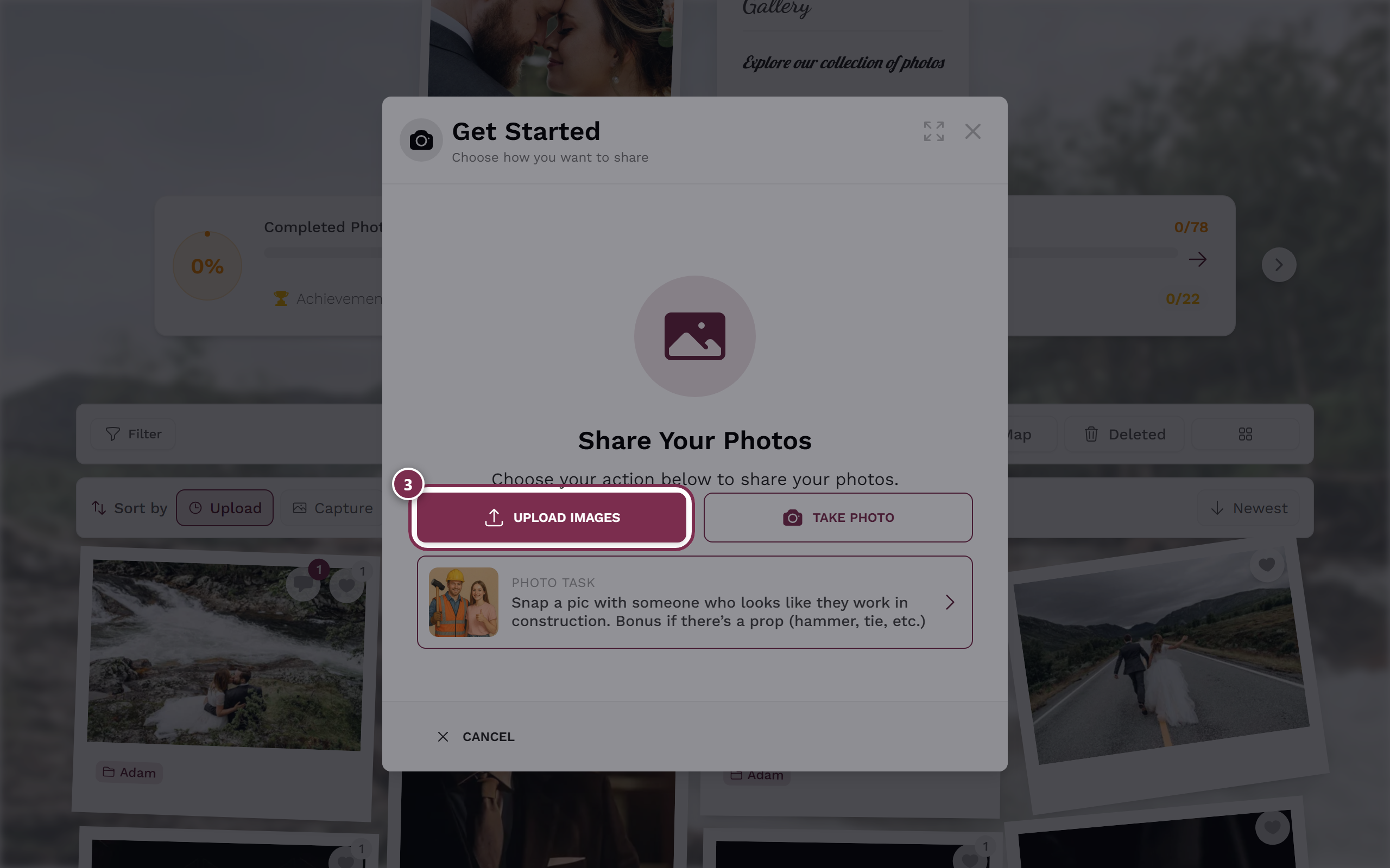 Upload dialog with the upload-images button highlighted