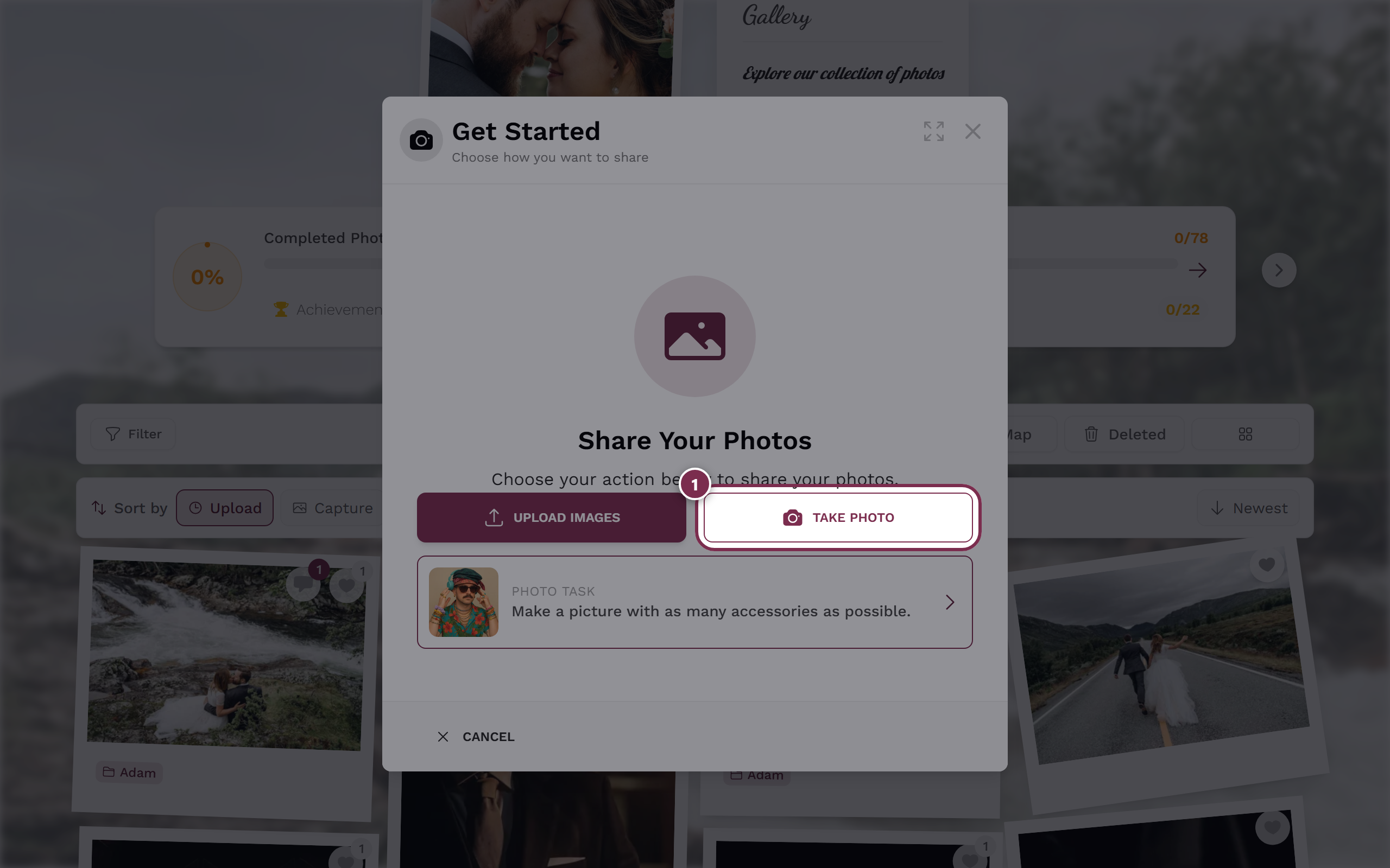 Upload dialog with the Take photo button highlighted