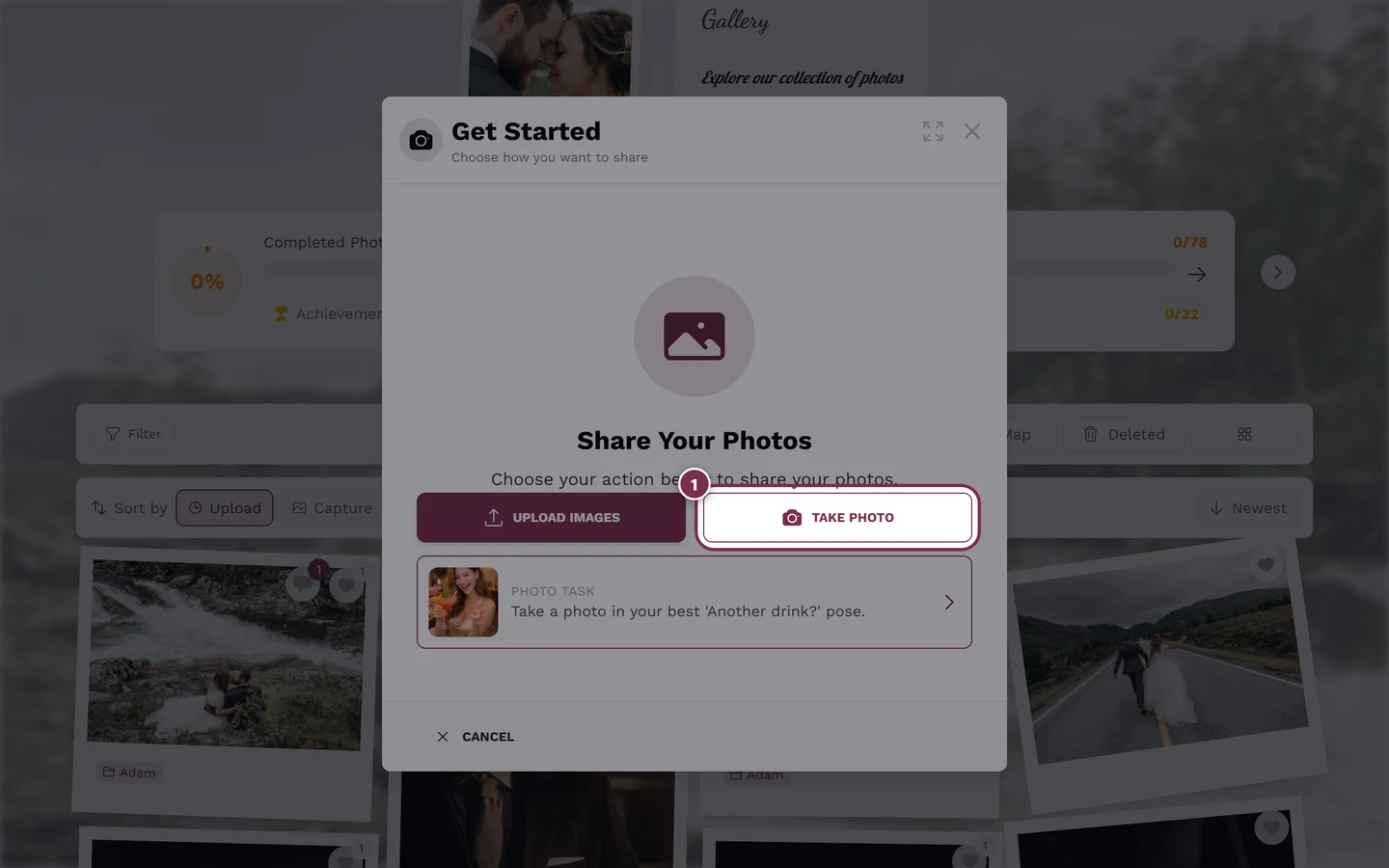 Upload dialog with the take-photo button highlighted