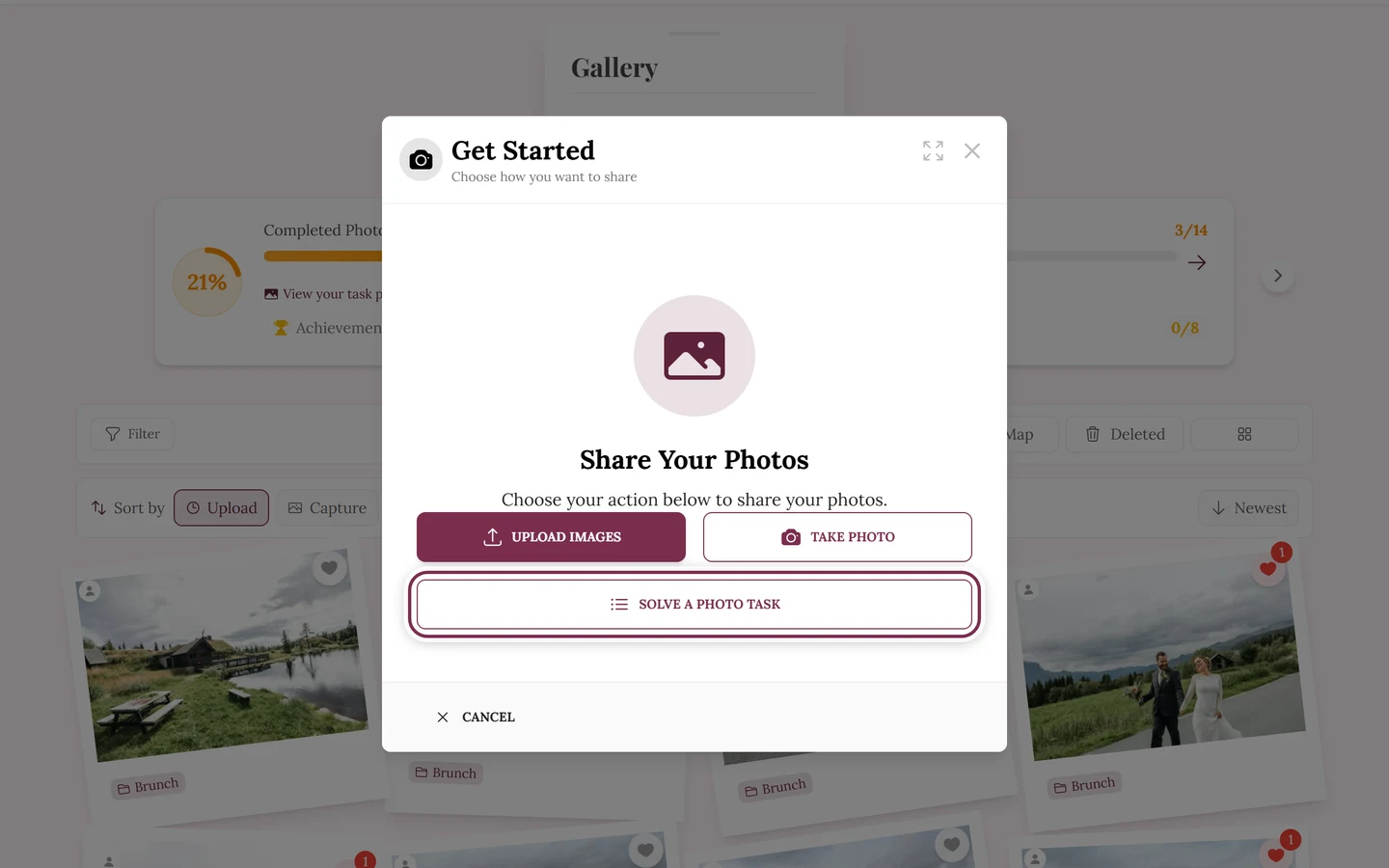First step of the upload dialog with the photo-task entry point highlighted