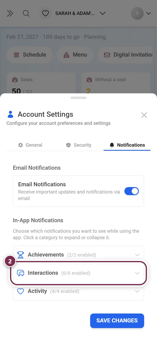 Notifications tab with the three collapsed categories, the Interactions header highlighted in red
