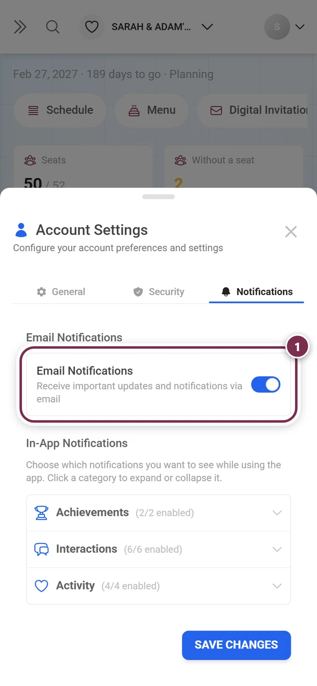 Notifications tab with the Email notifications box highlighted in red and the toggle on the right