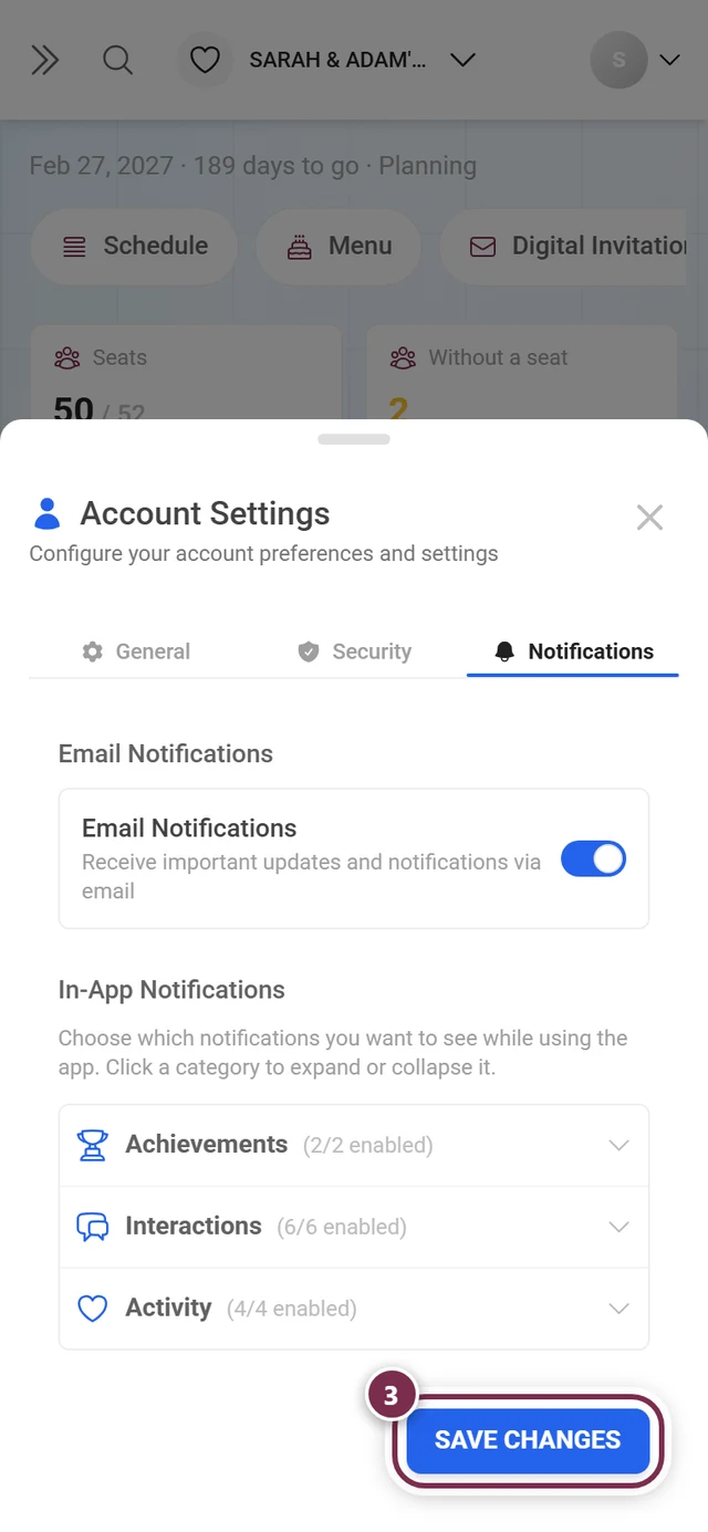 Bottom of the Notifications tab with the Save changes button highlighted in red