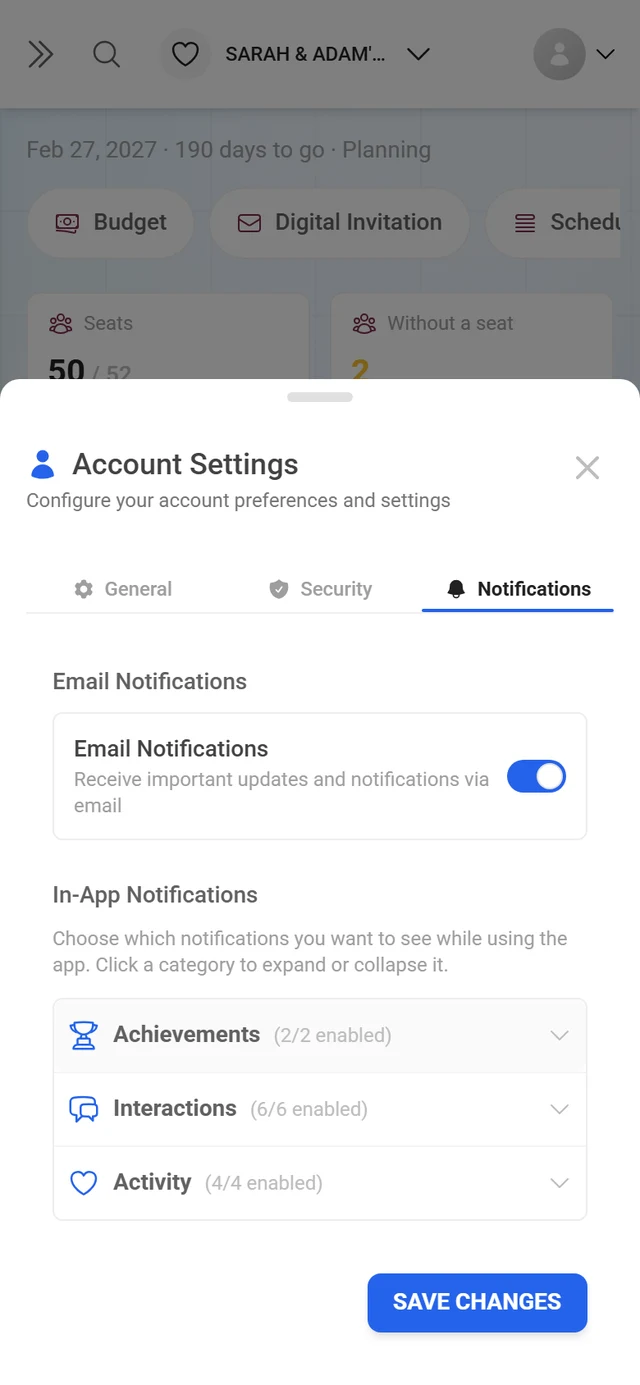 Account settings dialog with the Notifications tab active