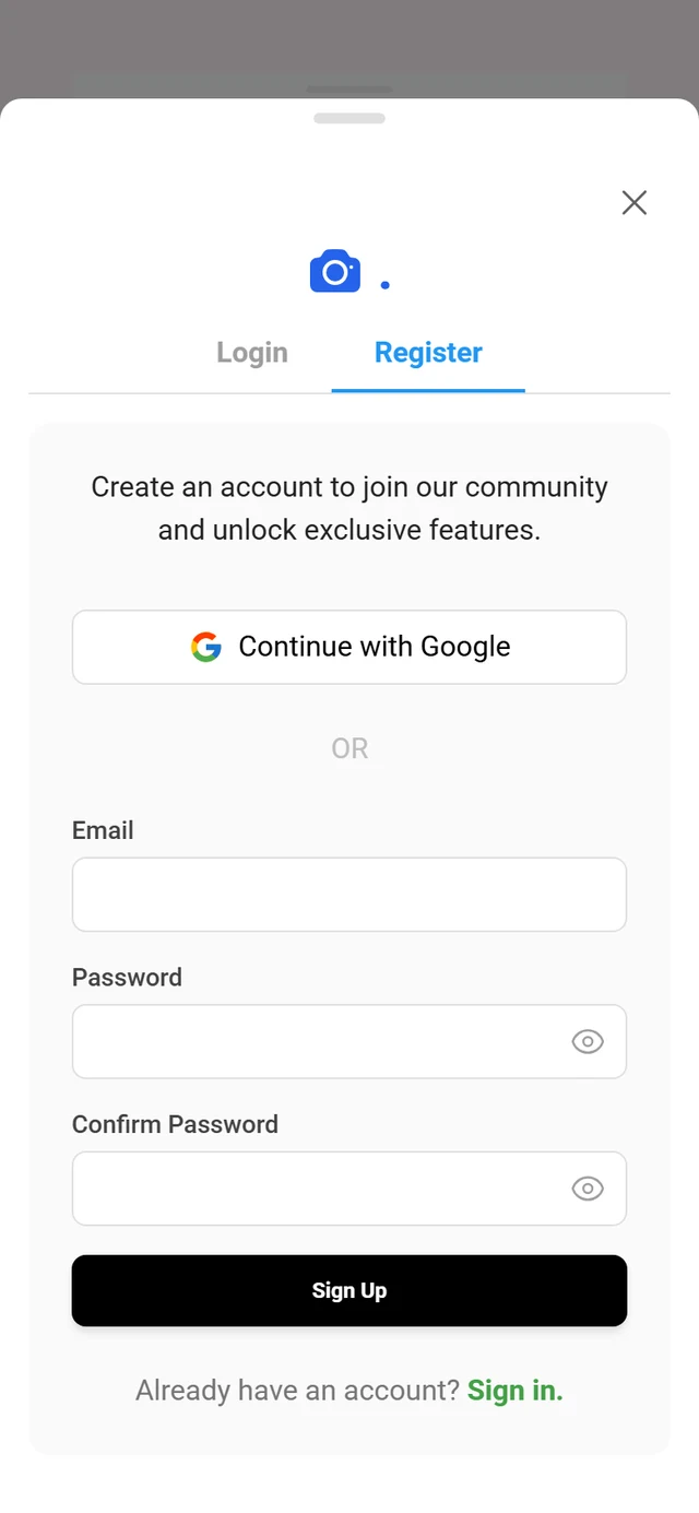 Sign-up view with email, password, and confirm-password fields