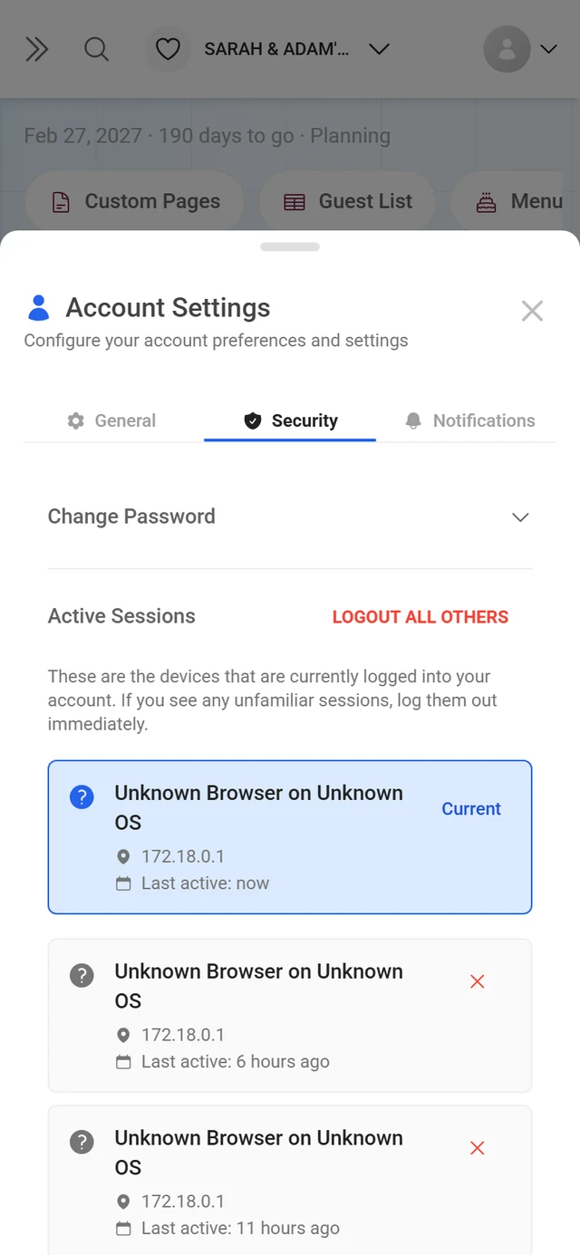 Security tab of the account settings with the list of active sessions