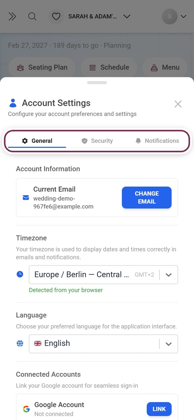 Account Settings dialog with the tab row highlighted in red