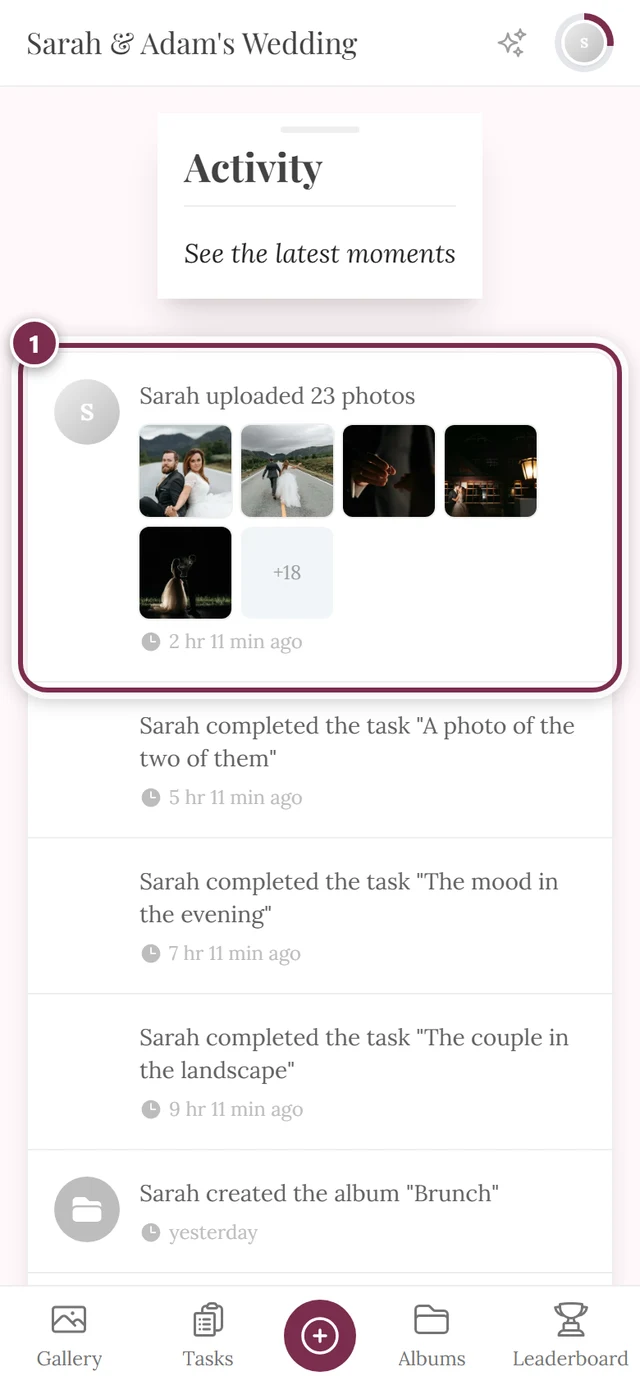 Activity feed with the topmost, newest row highlighted