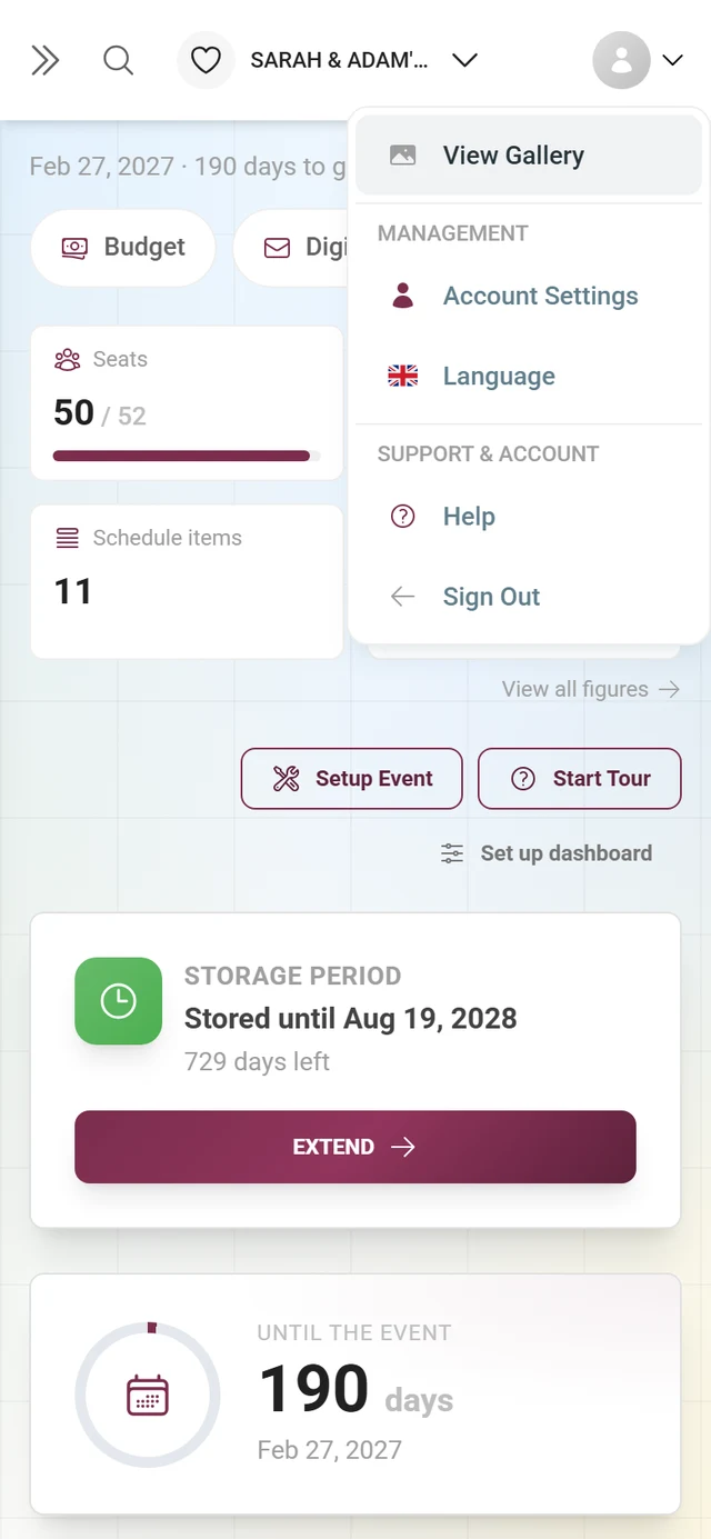Opened My Account menu with the sections Management and Support and Account