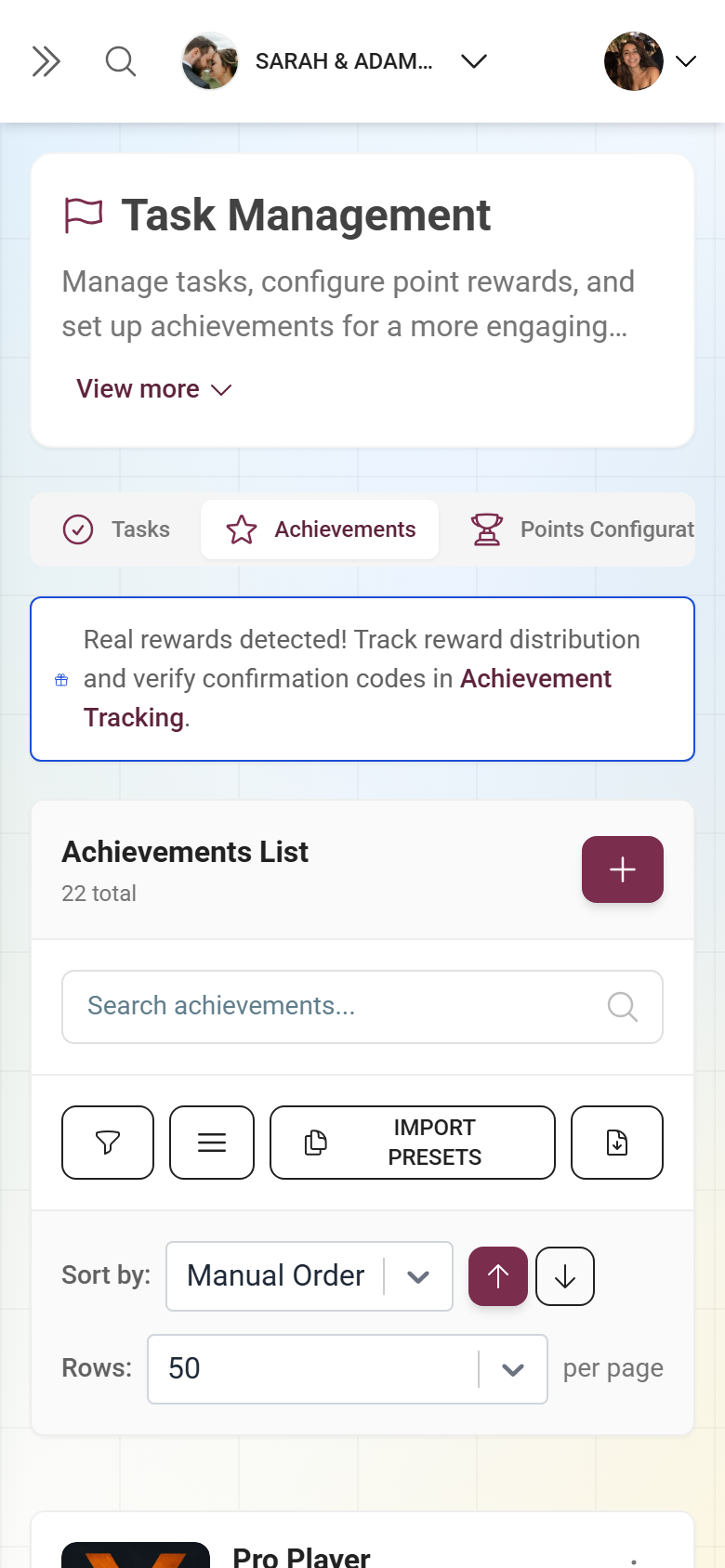 Achievements list in the gamification area