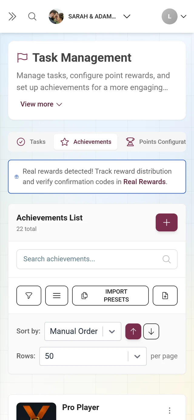 Achievements list in the Tasks and Points area