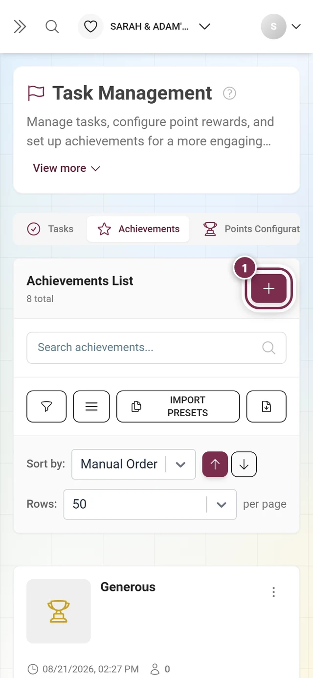 Achievement management with the Create Achievement button highlighted in red above the list