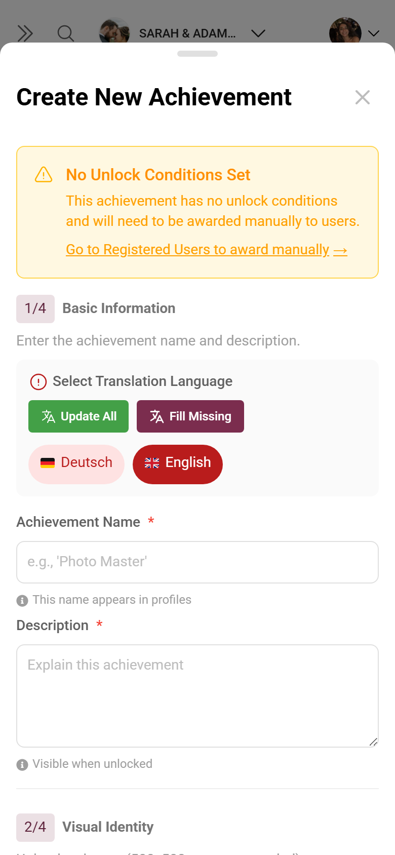 Dialog for creating an achievement with name, condition and reward
