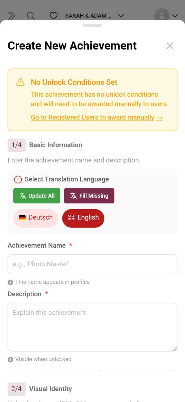 Achievements editor with fields for name, condition, and reward