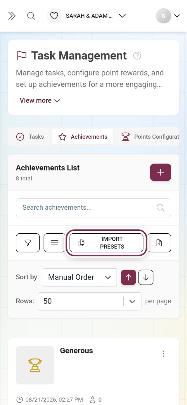Toolbar of the achievement management with the Import Presets button highlighted in red