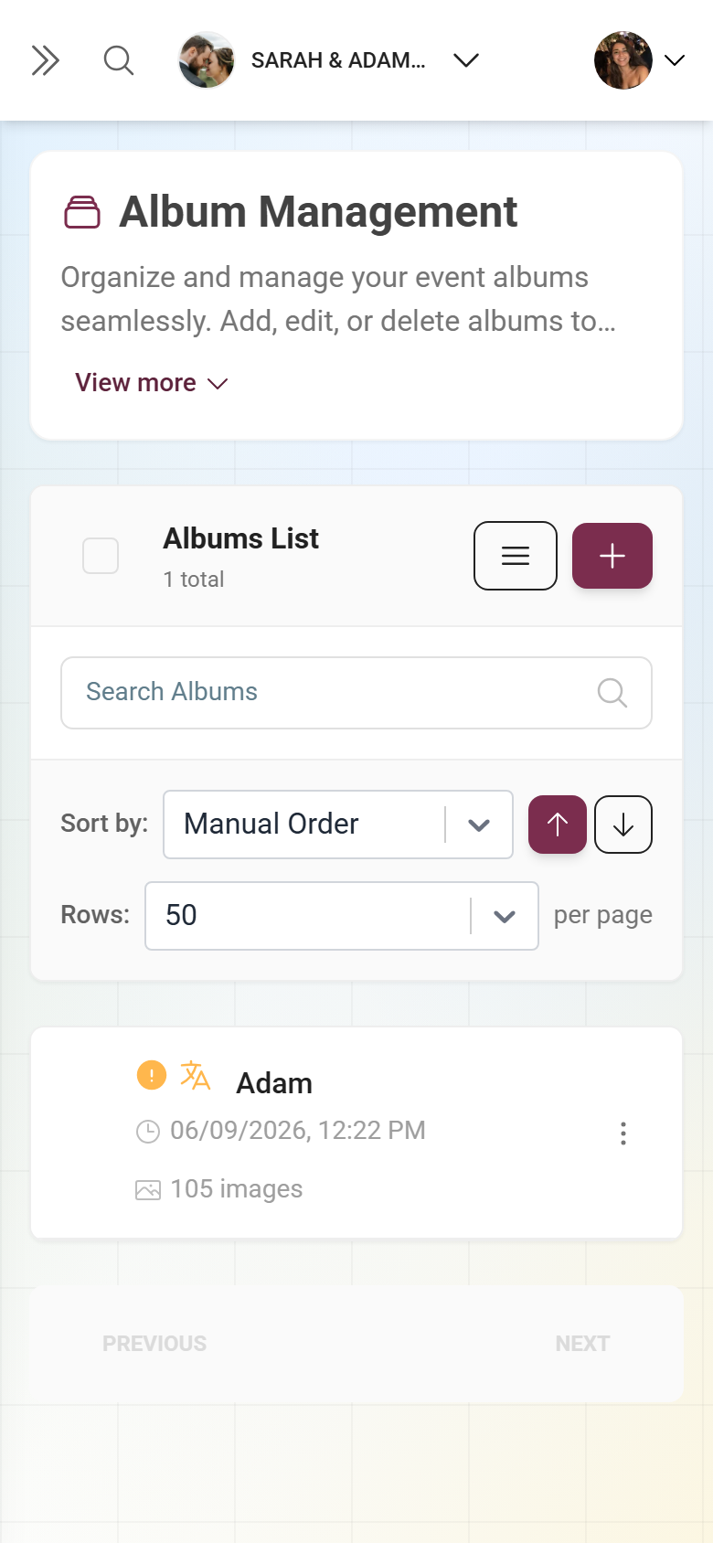 Album manager with the list of albums