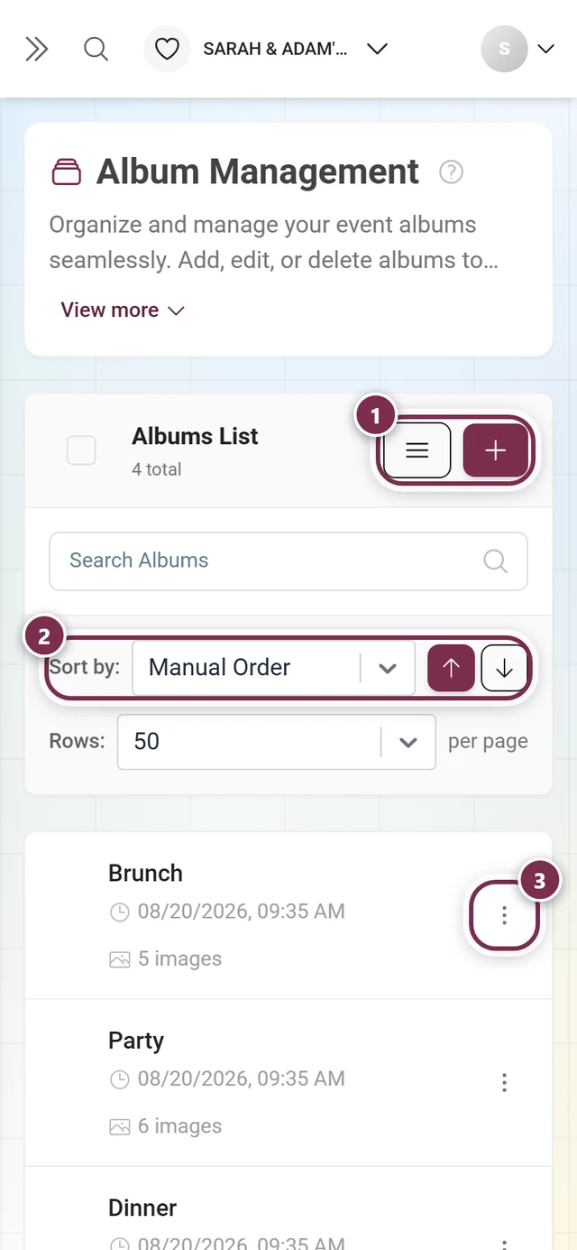 Album manager with album list, search, sorting and a new-album button