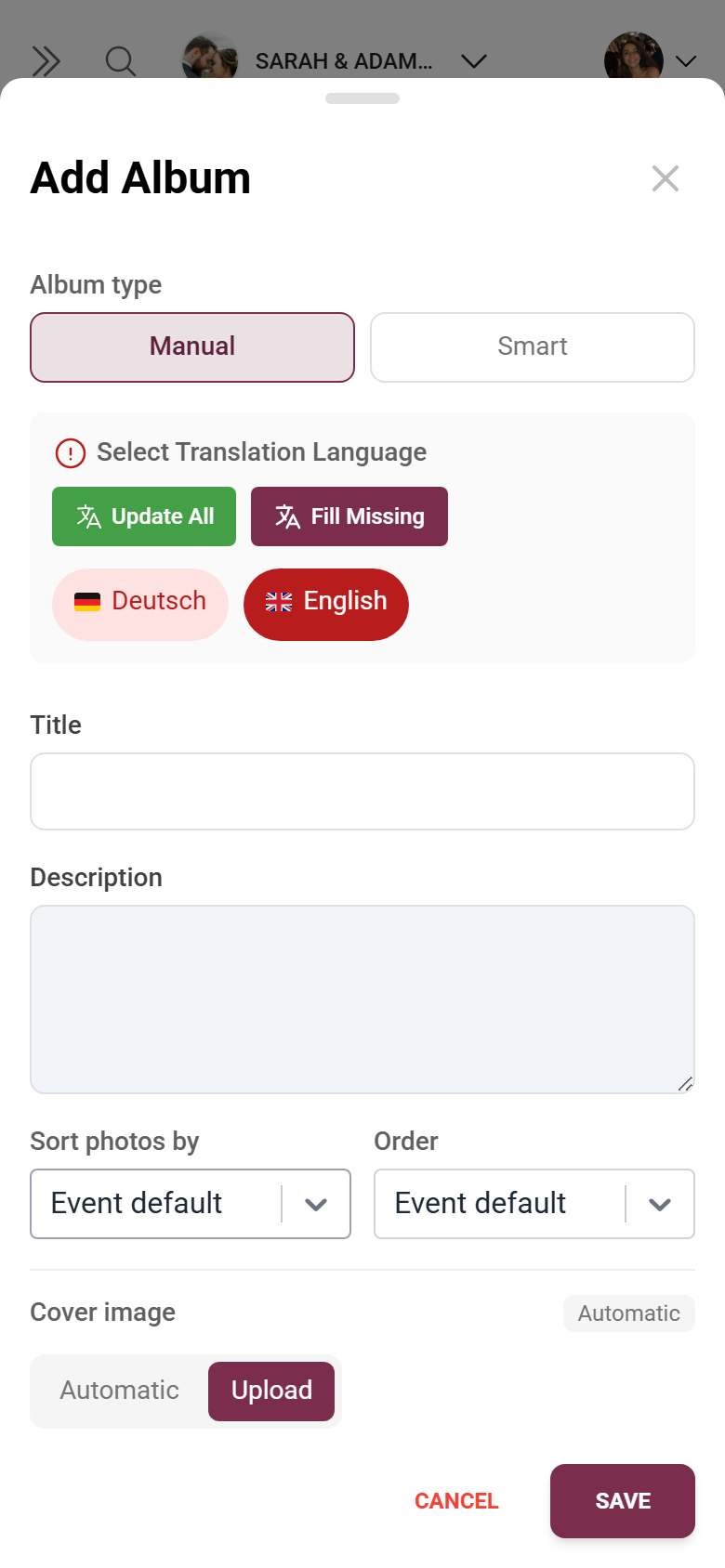 Add-album dialog with album type, title, description, photo sorting and cover image