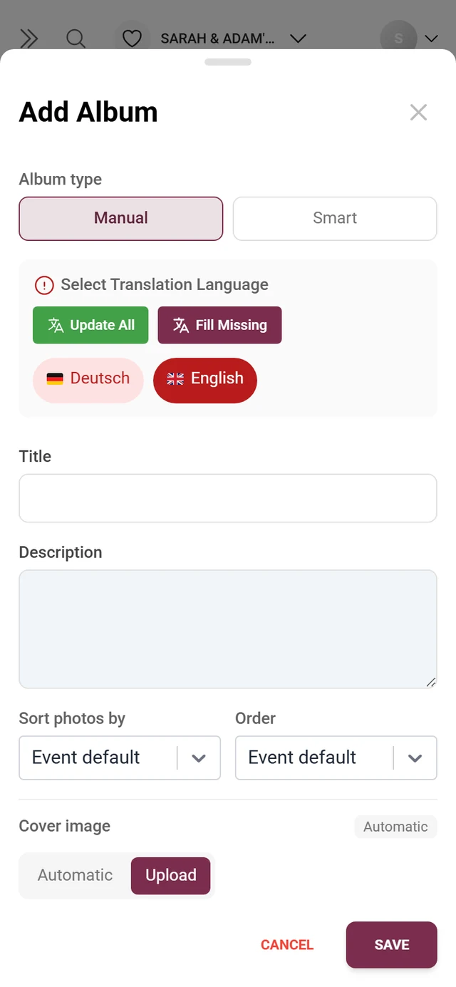Add-album dialog with album type, title, description, photo sorting and cover image