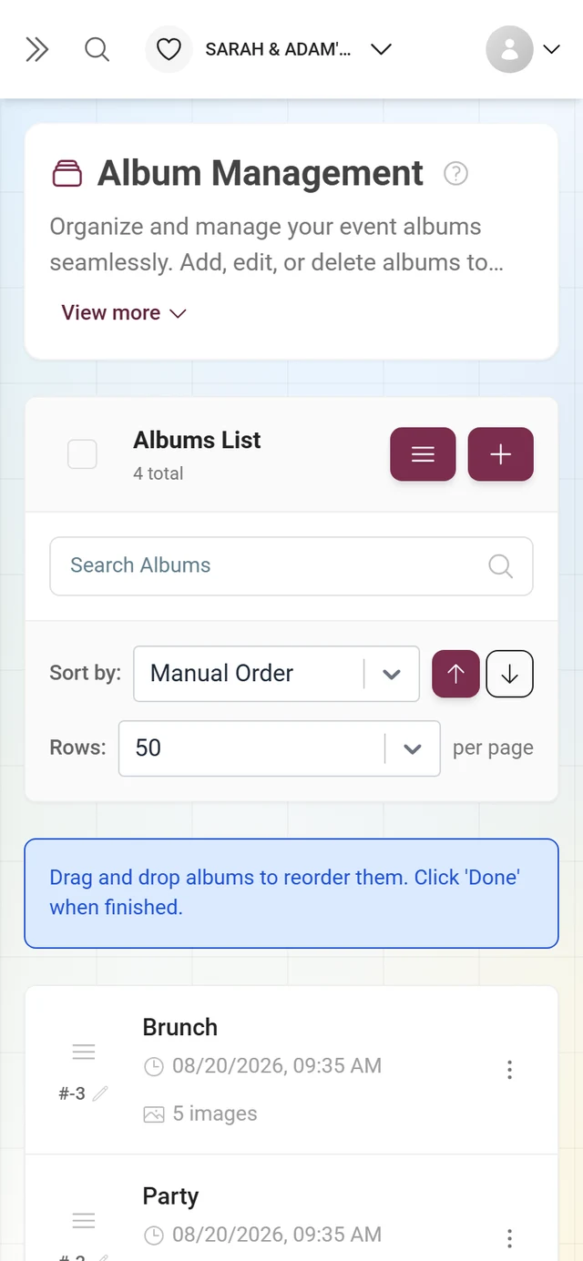 Album manager in reorder mode with the drag-and-drop hint and the Done button