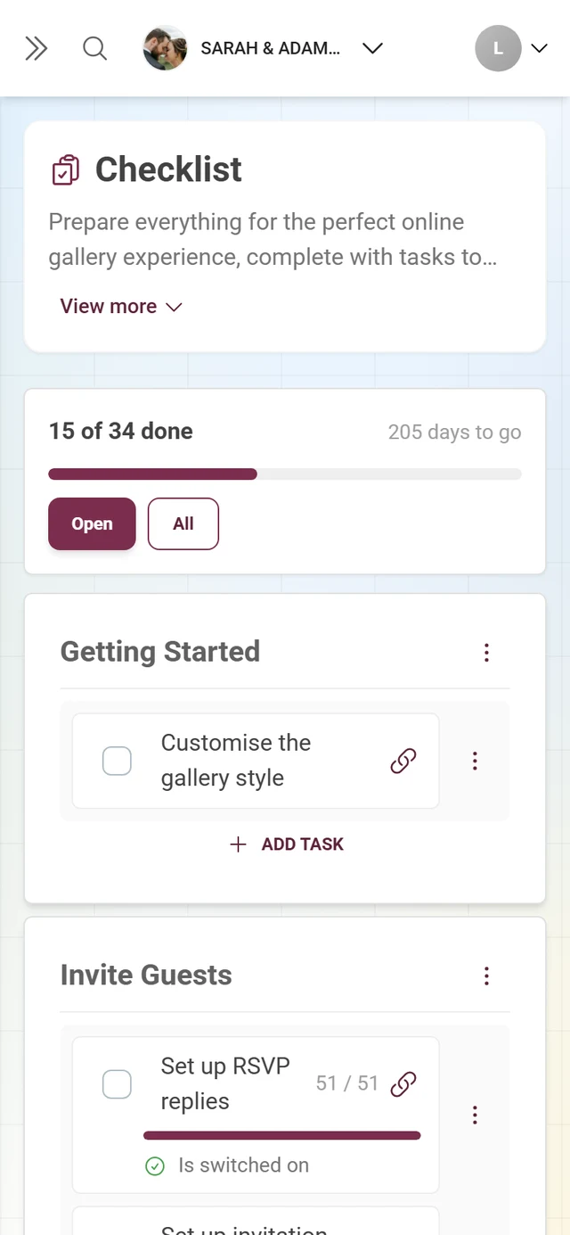 Setup checklist with the progress header, categories and tasks